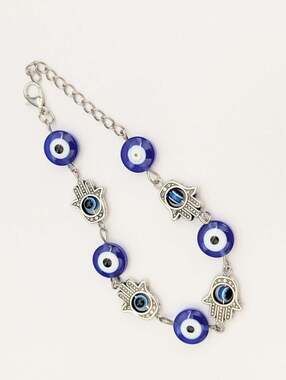 NWOT Blue & Silver-Tone Evil Eye & Hamsa Beaded Adjustable Chain Bracelet